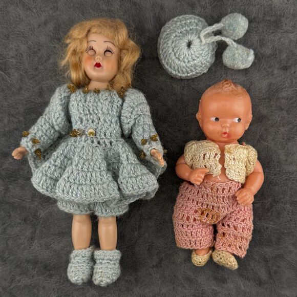 Two (2) Vintage Dolls 7" Girl and 5" Baby Hand Crocheted Dress Clothes AS IS - Picture 4 of 8